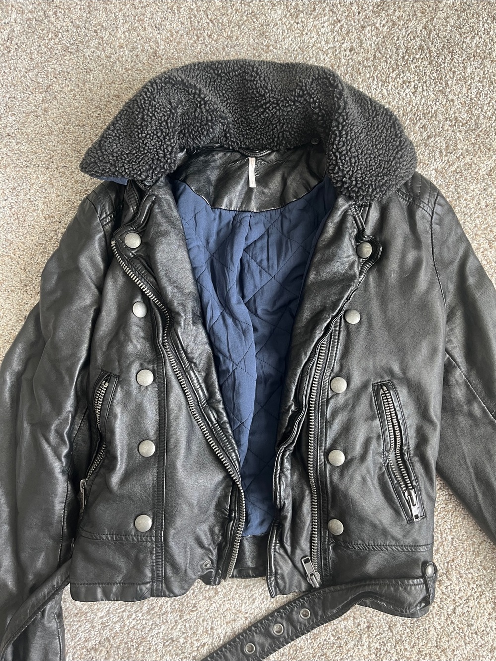 Free People Black Leather Moto Jacket with Shearling Collar